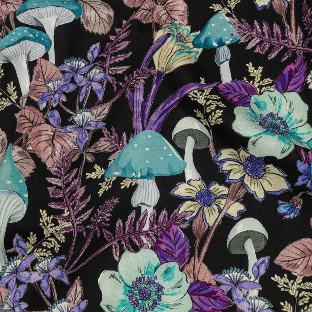 1 Yard Stretch Cotton Twill Print Midnight Blue and Purple Mushrooms